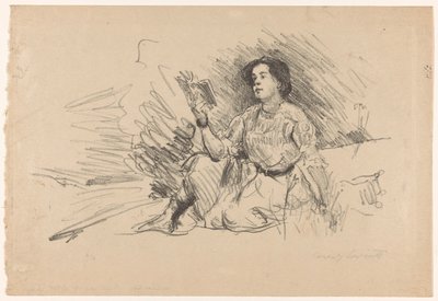 Kız okuma, yerde oturan Lesendes Mädchen by Lovis Corinth (signed by artist)