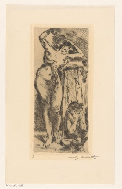 Elinde yelpaze ve sağında çömelmiş bir figür ile çıplak kadın by Lovis Corinth (signed by artist)