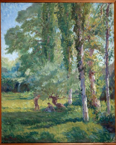 Bir kavağın altında çimenlerin üzerinde bir çift Tablo Loys Prat (1879-1934), 20. yüzyıl. Tuval üzerine yağlıboya. Donzere, Belediye Binası. by Loys Prat