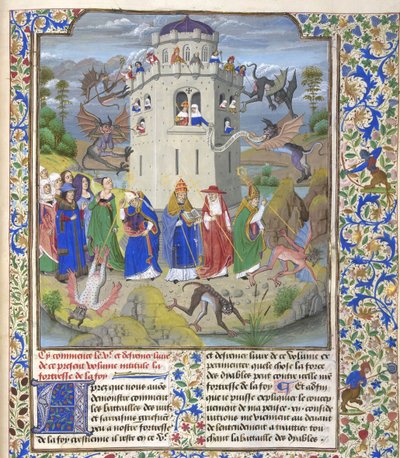 İnanç Kalesi Minyatür Azizler Gregory, Augustine, Jerome ve Ambrose savaşan iblisler, Geç 15. Yüzyıl. by Loyset Liedet