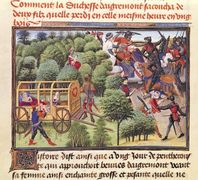 Ms 5072 f.6v Aigremont Düşesi Renaud de Montauban döngüsünden iki erkek çocuk doğurdu ve onları aynı saatte bir ormanda nasıl kaybetti? by Loyset Liedet