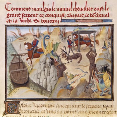 Ms 5072 fol.37v Maugis Yılanla Savaşıyor ve Büyülü Atı Kazanıyor Bayard, Renaud de Montauban döngüsünden by Loyset Liedet
