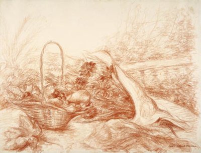 Meyve sepeti ve çiçek buketi ile aranjman. by Luc Albert Moreau
