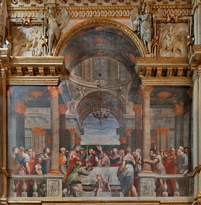 Cenova, Duomo (St Lawrence Katedrali), içeride, Lercari Şapeli veya Kutsal Ayin Şapeli (Kuzey apsis), Kuzey tarafı: "Tapınakta Sunum", fresk Luca Cambiaso by Luca Cambiaso