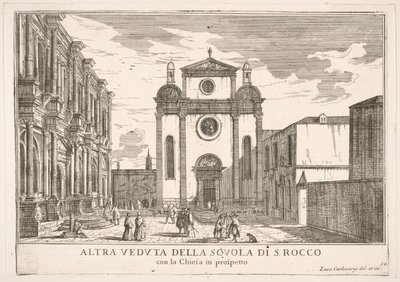 Levha 38: St. Roch kilisesinin cephesinin görünümü ve solda Okul cephesinin görünümü..., 1703. by Luca Carlevarijs