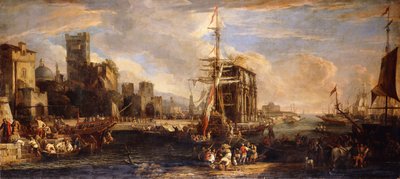 Ön planda Rıhtımlarda Avusturya Gemiciliği, Tüccarlar ve Denizciler, Konstantin Kemeri yakınında bir Milis Bölüğü ve ötesinde Castel Sant"Angelo ile bir Akdeniz Limanının Capriccio