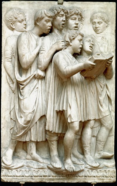La cantoria veya koroda şarkı söyleyen çocuklar - Mermer kabartma (Yükseklik 348 cm), Luca della Robbia (c.1400-1482) by Luca Della Robbia