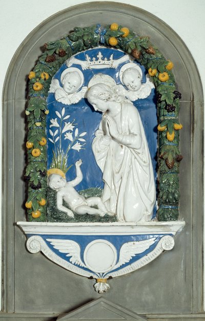 Bakire Çocuğu Seviyor Yüksek Rölyef, Luca della Robbia (1400-1482) 15. yüzyıl Verna Kutsal Alanı, İtalya by Luca Della Robbia