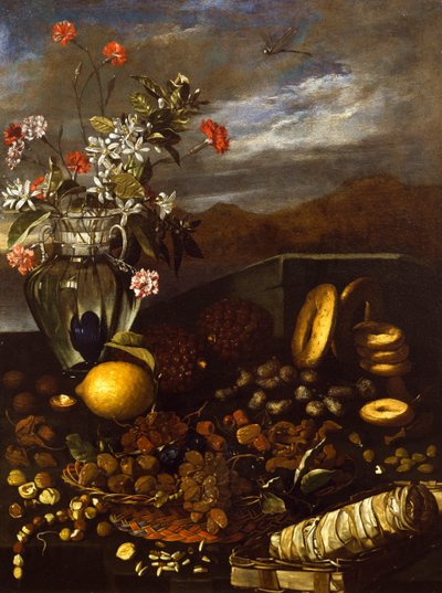 Luca Forte'nin (1610-1670) kuru meyve, çiçek ve manzara içeren natürmort by Luca Forte