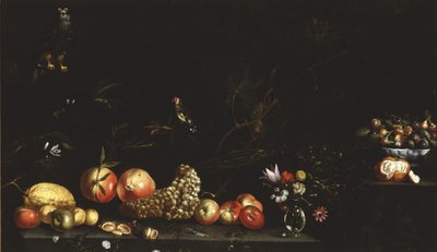 Meyve, çiçek, şahin ve saka kuşu ile natürmort, 1620-30 by Luca Forte