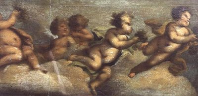 Putti disporting (tuval üzerine kağıt) (sol detay) (ayrıca bkz. 67087-90) by Luca Giordano