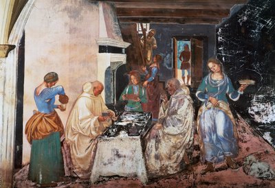 Benedict, keşişlere Manastırın dışındayken nerede ve ne zaman yemek yediklerini söyler, St Benedict Hikayelerinden bir sahne by Luca Signorelli