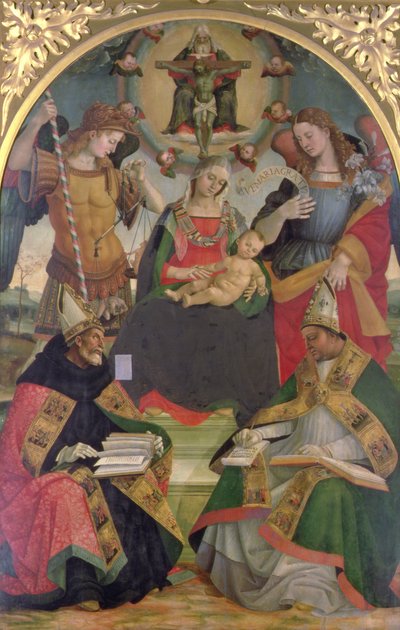 Trinity, Madonna ve Çocuk, Melekler ve Azizler, c.1505-08 (panelde yağlı boya) by Luca Signorelli