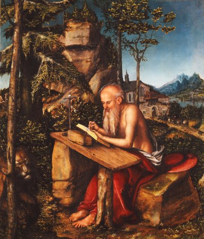 Aziz Jerome Kayalık Bir Manzarada Yazma, c.1515 by Lucas Cranach