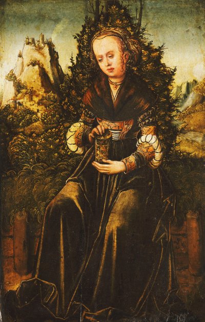 Aziz Mary Magdalen, Dağlık Bir Peyzajda Çimenli Bir Kenarda Oturmuş, by Lucas Cranach