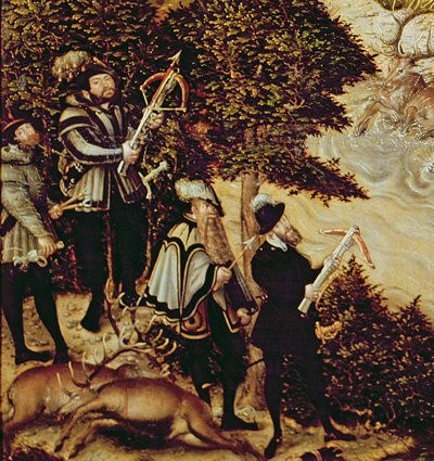 Johann Friedrich the Magnanimous, Saksonya Seçmeni ve İmparator Charles V Hartenfels Kalesi yakınlarında geyik avlarken, Torgau, 1544 (detay 38682) by Lucas Cranach the Elder