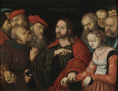 Mesih ve Zina Yapan Kadın, 1700 dolayları (ahşap üzerine yağlıboya) by Lucas the Elder (after) Cranach