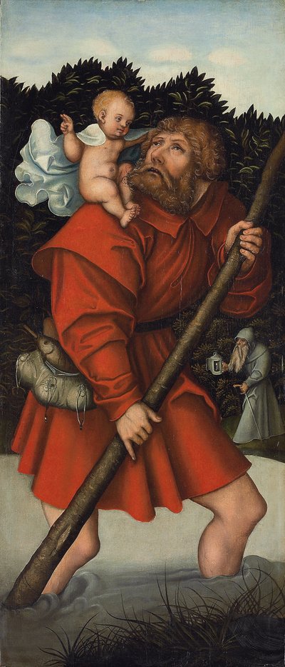 Mesih Çocuğunu taşıyan Aziz Christopher; ve Adaletin Terazisini tutan Başmelek Mikail (panelde yağlı boya) by Lucas the Elder (workshop of) Cranach