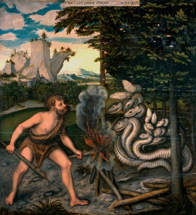 Travaux d'Hercule : Hercule et l'hydre de Lerne - Hercules and the Lernaean Hydra (From The Labors of Hercules) - Cranach, Lucas, the Elder (1472-1553) - 1537'den sonra - Ahşap üzerine yağlı boya - 108x100 - Herzog Anton Ulrich Müze, Braunschwe by Lucas the Elder Cranach