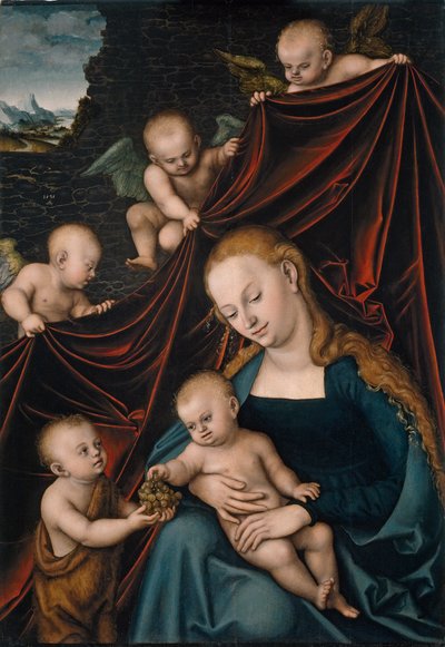 'Meleklerle çevrili Vaftizci Yahya ile Madonna ve Çocuk' (Aziz Yuhanna ve Melekler ile Bakire ve Çocuk) Tablo Lucas Cranach the Elder (1472-1553) tarafından 1536 Dim 121.3x83.4 cm Museo del Prado , Madrid by Lucas the Elder Cranach