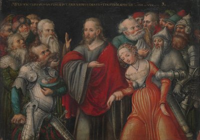 İsa ve Zina, c.1545-50 (kayın üzerine yağlı boya) by Lucas the Younger studio of Cranach