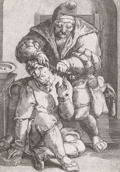 17. yüzyıl berber cerrahı bir hastanın kulağına bakıyor. by Lucas van (after) Leyden