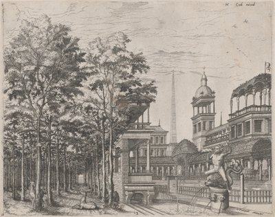 Ağaçlar, İki Geyik ve Saray Avlusu ile Manzara by Lucas van Doetechum and Johannes