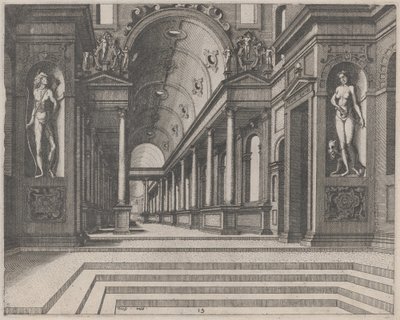 Korint Sütunları ve Apollon, Melpomene ve Musa Heykelleriyle Bir Kilisede Görünüm by Lucas van Doetechum and Johannes