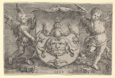 İki Genii Tarafından Tutulan Maskeli Arması, 1527. by Lucas van Leyden