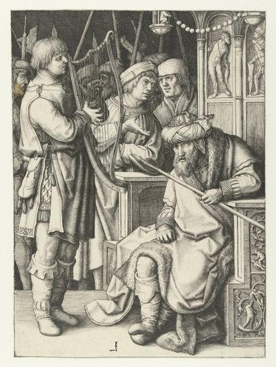 David, Saul için arp çalıyor by Lucas van Leyden