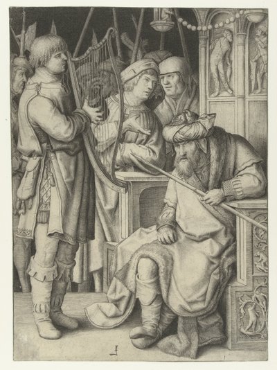 David, Saul için arp çalıyor by Lucas van Leyden