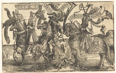 Kahramanlar King Arthur, Charlemagne ve Bouillon Godfrey Dokuz kahraman (dizi adı) by Lucas van Leyden