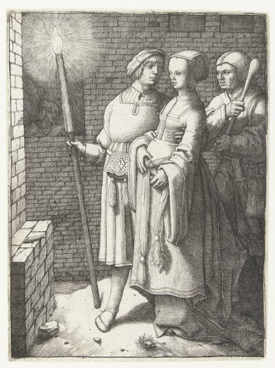Elinde Meşaleli Genç Adam, Kadın ve Nar by Lucas van Leyden