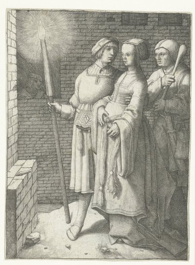 Elinde Meşaleli Genç Adam, Kadın ve Nar by Lucas van Leyden