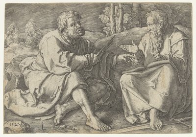 Paul ve Peter bir manzarada oturuyor by Lucas van Leyden