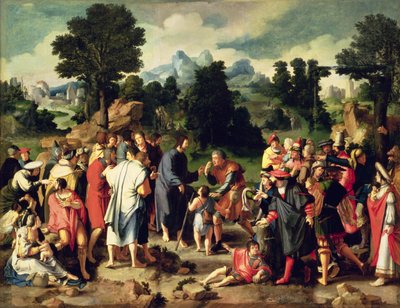 Erihalı Kör Adamın İyileşmesi, üç parçalı orta panel, 1531 (panelden aktarılmış tuval üzerine yağlı boya) by Lucas van Leyden