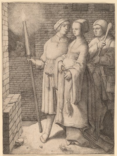 Meşaleli Adam ve Bir Aptalın Takip Ettiği Kadın by Lucas van Leyden