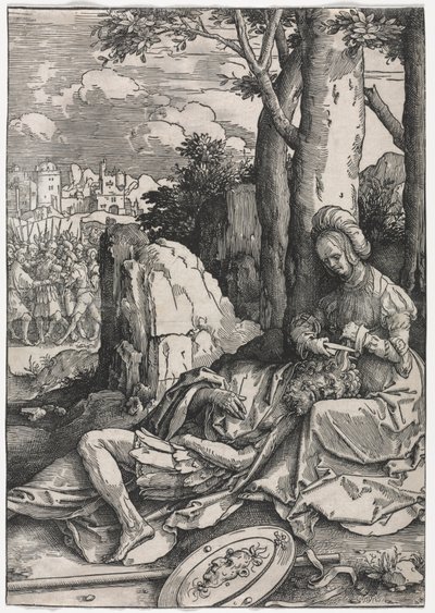 Kadınların Gücü: Samson ve Delilah, c.1512 (tahta baskı) by Lucas van Leyden