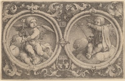 Bulutların üzerinde iki daire içinde oturan iki aşk tanrısı by Lucas van Leyden