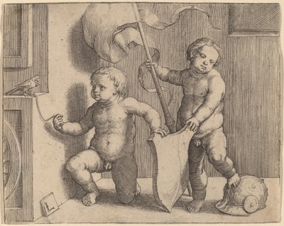 Boş Kalkanı Destekleyen İki Çıplak Çocuk by Lucas van Leyden