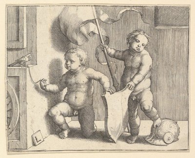 Boş Kalkanı Destekleyen İki Çıplak Çocuk, ca. 1510. by Lucas van Leyden