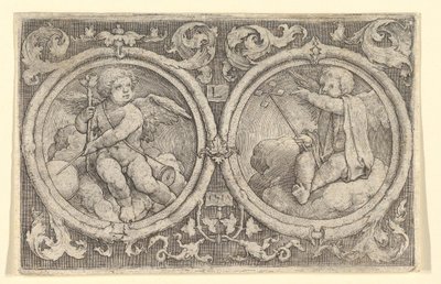 Bulutların İçinde Tendrils ile Dairelerde Oturan İki Putti, 1517. by Lucas van Leyden