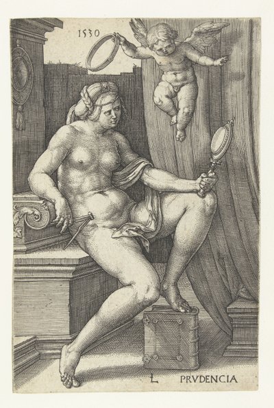 Dikkat Prudencia (nesne üzerindeki başlık) Yedi Erdem (dizi başlığı) by Lucas van Leyden