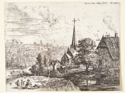 Nehir kenarındaki köy, ön planda üç figür by Lucas van Uden