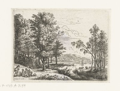Bir göl kenarında üç figürlü manzara Küçük manzaralar (dizi başlığı) by Lucas van Uden