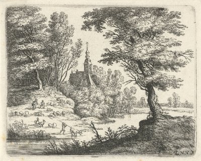 Nehir kenarında çobanlar ve sığırlarla manzara Küçük manzaralar (dizi başlığı) by Lucas van Uden