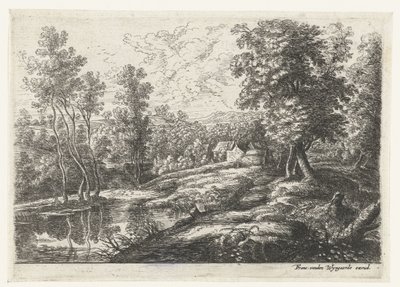 Evler ve bir duvarla çevrili bir kilise ile manzara Beş manzara (dizi başlığı) by Lucas van Uden