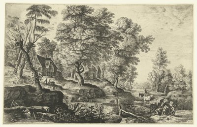 Bir arabayı iten adamlarla manzara by Lucas van Uden