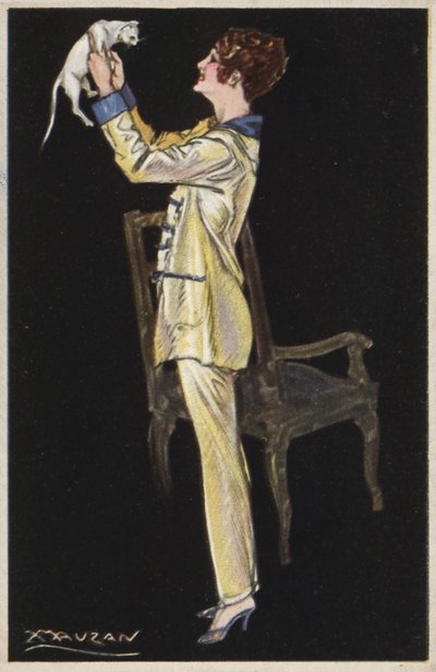 Beyaz kedi tutan pijamalı kız (renkli taş) by Luciano Achille Mauzan