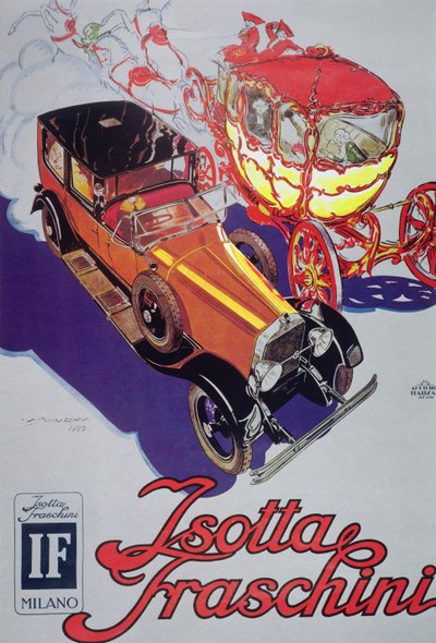 Isotta Faschini arabalarının reklam afişi by Luciano Achille Mauzan